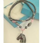 Pink Cat's Eye Opal Hematite Stone Alligator Pendant Chain Choker Fashion Necklace